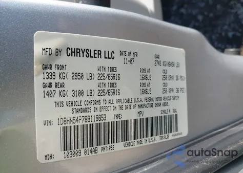 2008 Dodge Grand Caravan Sxt из США, поврежденный, VIN 1D8HN54P78B119853